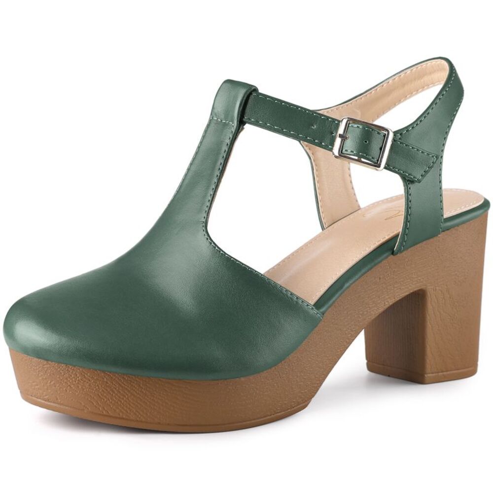 Platform T-Strap Clog Chunky Heels Sandals Dark Green
